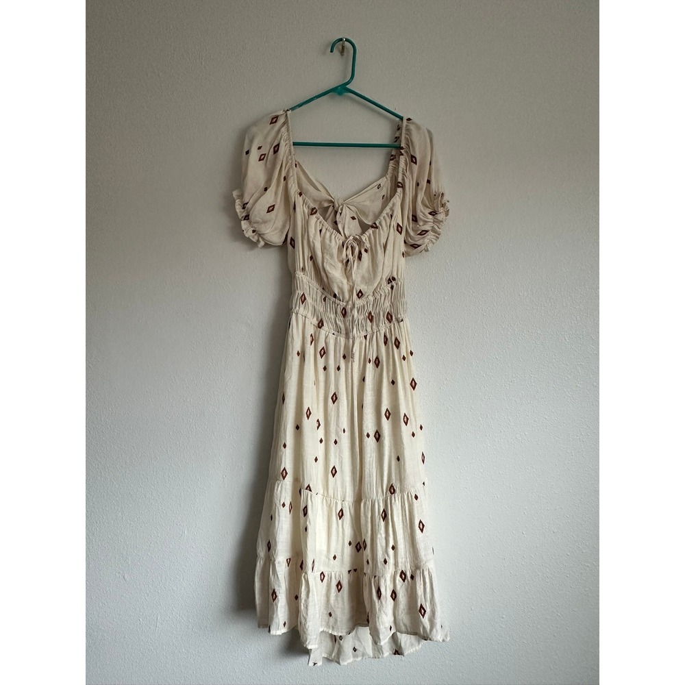 Liberty Love Cream Rust Embroidered Smocked Tie Back Puff Sleeve Midi Dress XL
